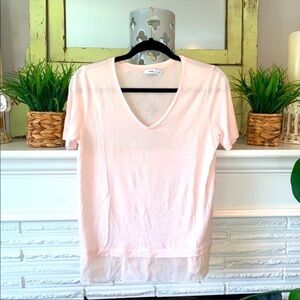 VINCE Pink V-Neck Contrast Chiffon Sheer Hem Casual Layering T-Shirt Size Small